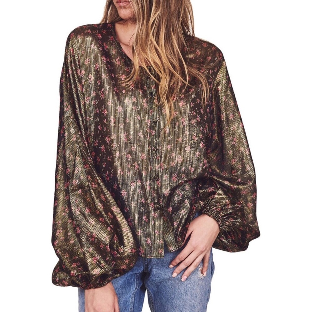 LoveShackFancy Adeline Metallic Floral Top XS